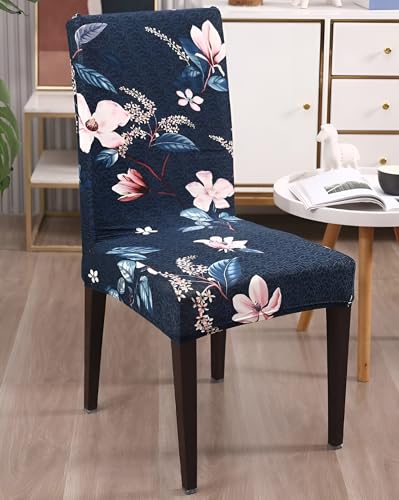 Image of Stretchable Dining Chair Cover - Washable, Removable, Anti-Slip, Protector, Universal Fit (Set of 4, Blue Floral)
