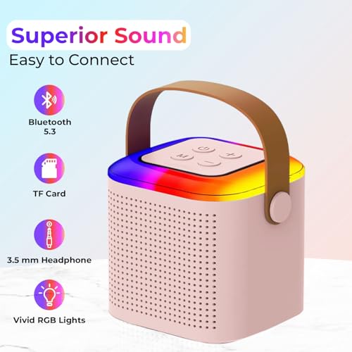 Image of Humble Kroko Series Mini Bluetooth Wireless Karaoke Speaker with 2 Mics, 8Hrs Playtime, RGB Lights (BT 5.3 /TF Card), Voice Effects, Multi-Play Modes, Type-C Charging for Kids & Home Parties - Pink