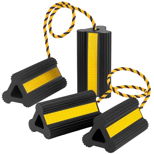 BYERNAUTO Heavy Duty Wheel Chocks - Wheel Stoppers for Trailer Travel Trailers RV Aircraft Car Camper Truck, Non Slip Rubber Wheel Block with Nylon Rope Yellow Reflective Tape(2 Pair)