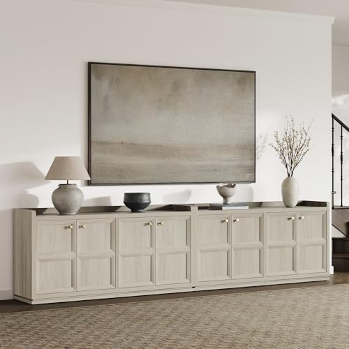 SICOTAS 61.7" Wide 4-Door Buffet Cabinet, Extra Long Sideboard with 2 Separate Bays & Adjustable Shelves, Modern Credenza Storage Cabinet with Gold Handle for Kitchen Living Room, Grey White Oak,1 PCS - Thumbnail 7