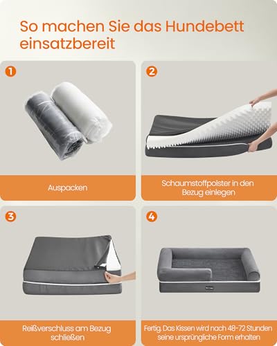 Feandrea Orthopädisches Hundebett, Hundekissen, Hundekorb, weiche Polsterung, Hundesofa, erhöhte Ränder, Bezug abnehmbar und waschbar, 106 x 71 x 18 cm, rutschfeste Unterseite, hellgrau PGW077G02V1