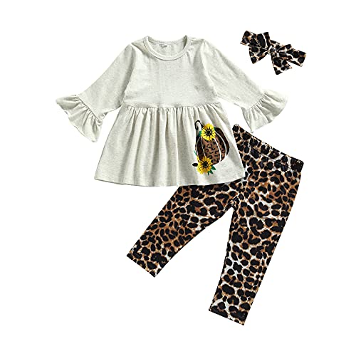 Madjtlqy Toddler Kids Girls Fall Outfits Long Sleeve Ruffle T Shirt Tops + Leopard Pants + Headband 3Pcs Clothes Set (Grey-Pumpkin, 6-7 Years)