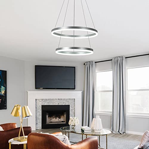 2-Rings Modern Led Chandelier Silver For Dining Room, Dimmable Pendant Lighting With Remote Control Circular Flush Mount High Ceiling Light For Bedroom Living Room Foyer, 3000K-6500K Cct Changing #TOP3