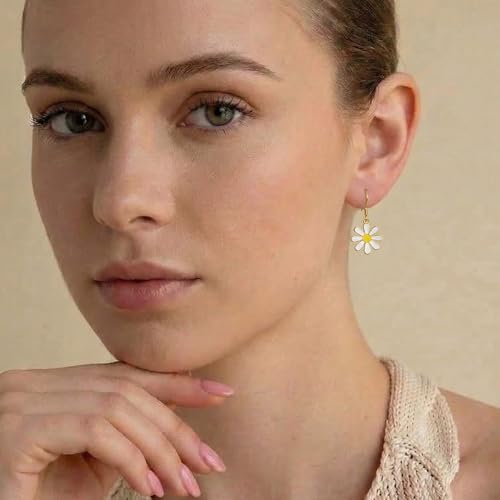 Image of SLUYNZ 925 Sterling Silver White Flower Dangle Earrings for Women Teen Girls Daisy Flower Drop Earrings Summer Spring