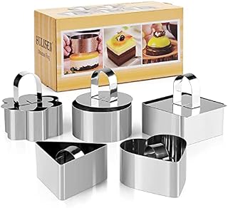 HULISEN Set of 5 Cake Ring, Stainless Steel 3 inch Round Dessert Mousse Mold with Pusher & Lifter Cooking Rings