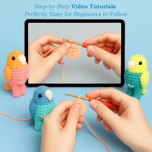 Image of HOUSE CREATIVITY Crochet Kit for Beginners, Make 3 Mini Budgie Birds, Amigurumi Crochet Starter Kit with Step-by-Step Video Tutorial, Yarn, Hook, Eyes & Stuffing, DIY Craft Kit Gift for Adults