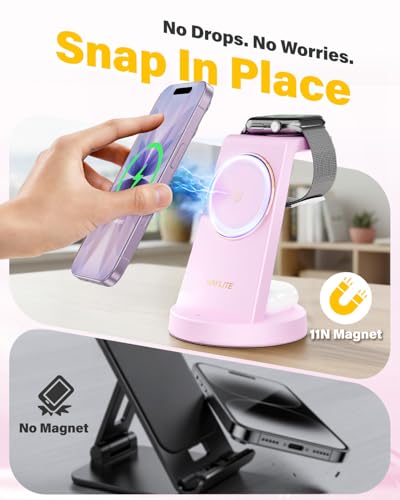 Image of 3 in 1 Fast Charging Station for iPhone, 25W Wireless Magnetic Phone Charger for iPhone 17 16e 16 15 14 13 12 Serise, Watch Charger Stand, Wireless Charging Station for AirPods 4 3 Pro, Pink