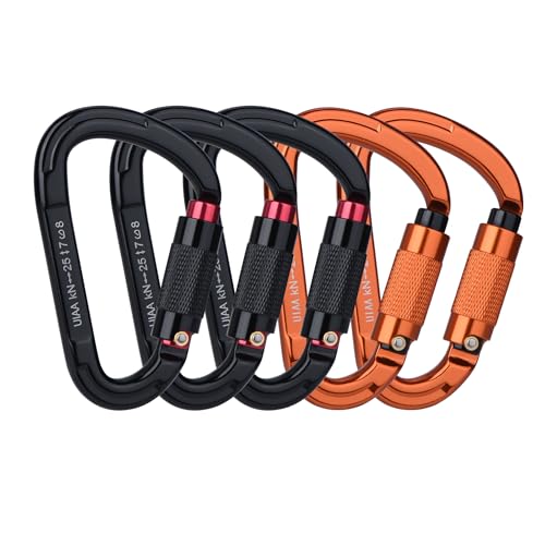 FVW 5Pack Heavy Duty Climbing Carabiners, 25KN UIAA Certified Auto Locking Climbing Carabiners Clips for Hammocks, Swing, Locking Dog Leash and Harness, Camping, Hiking & Utility (Black*3, Orange*2)