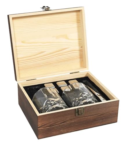 HowHomely Whisky Gift Set - 2 Whisky Glasses 270 ml with 6 Stainless Steel Cooling Stones, Tongs & Wooden Box - Elegant Bar Accessories