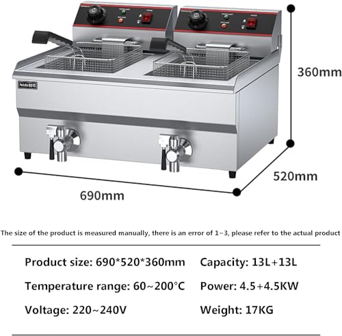 Kommerzielle Fritteuse, kommerzielle elektrische Fritteuse, 26 l, Doppeltank, schnelle Ölfritteuse für die Arbeitsplatte mit Körben, Abflüssen und Deckeln, einstellbare Temperatur, Edelstahl-Fritteu – Bild 3