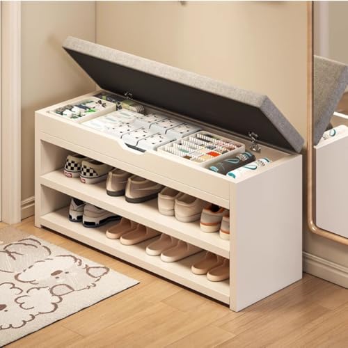 Panca da ingresso in legno con seduta imbottita e scarpiera, elegante mobile Halay per camera da letto e soggiorno, soluzione di archiviazione bianca