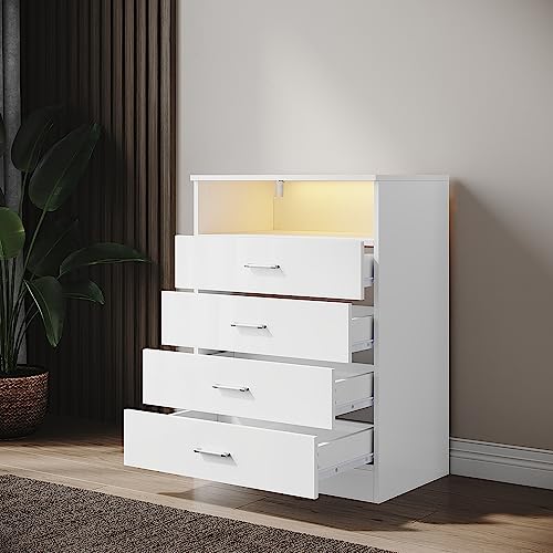 SONNI Kommode, mit 4 Schubladen, 1 offener Schubladen, Weiß Sideboard mit einstellbarem LED, Hochglanz Möbel Schränke, Highboard 60cm(B) x 40cm(T) x 83cm(H).