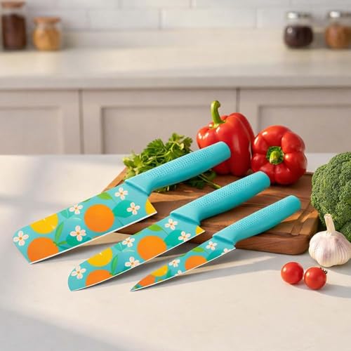 Image of Amorston 4-Piece Black Kitchen Knife Set with 3 Ceramic Coated Knives & 3-Stage Knife Sharpener | Non-Stick Stainless Steel Blades | Ergonomic Handle | Multipurpose Cooking Knife Set (Blue)
