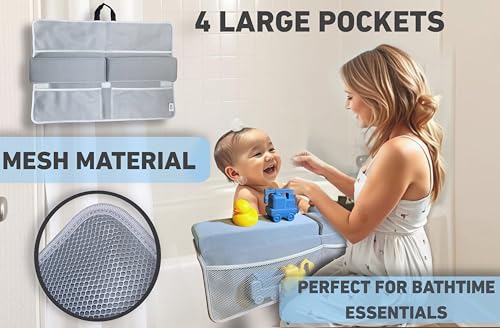 Image of NEW Luxury Bath Kneeling Pad and Elbow Rest Set - THICK SOFT Bath Kneeler Pad and Bath Toys Organizer with Pockets - Supports Knees and Elbows - Bath Kneeling Pad for Baby Bathtime - Light Grey