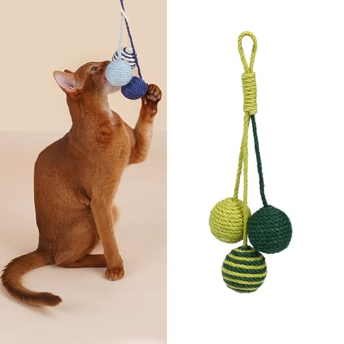 MANON ROSA Interactive Cat Toys - Set of 3 Natural Sisal Balls with Rattle - Self-Play Cats Toy for Bored Indoor Adult Cats, Promotes Exercise and Mental Stimulation (Green)