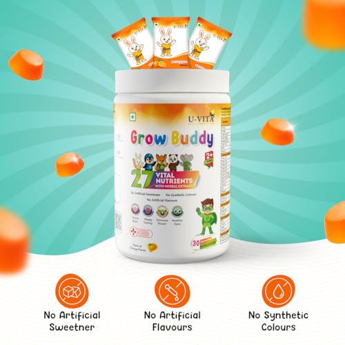 Image of U-VITA Grow Buddy Multivitamin Gummies for Kids (2+ Years) | No Added Sugar | 27 Essential Vitamins, Minerals & Pure herbal extracts | Made in India and Formulated in the UK | 30 Gummies, Orange