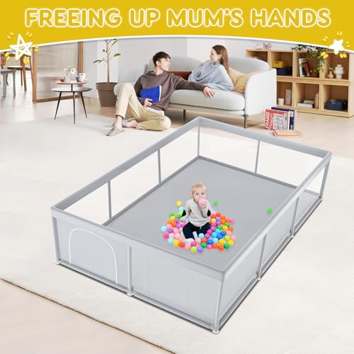 Fshibila 74\"×50\" Large Baby Playpen, Baby Play Pen for Babies and Toddlers, Baby Play Yard for Indoor & Outdoor, Sturdy Safety Playard with Soft Breathable Mesh, Anti-Fall, Grey - Thumbnail 4