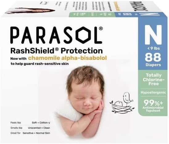 Parasol Chlorine-Free Luxury Diapers with RashShield Protection, Size NB, 88 Count(2 Pack of 44)