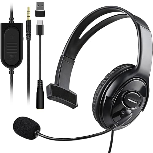 Joso Wired One Ear Headset with Mic, Single Ear Headset for PS5/PS4/Xbox/Switch/PC/iPad/Mac & Tablet with 3.5mm to Type C & USB-A Adapter - Chat Headphone, Office Business, Coach, Gaming, Remote Work