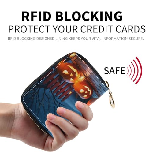 Small RFID Credit Card Holder Wallet with Zipper, Leather Wallet Case for Women Halloween Night2