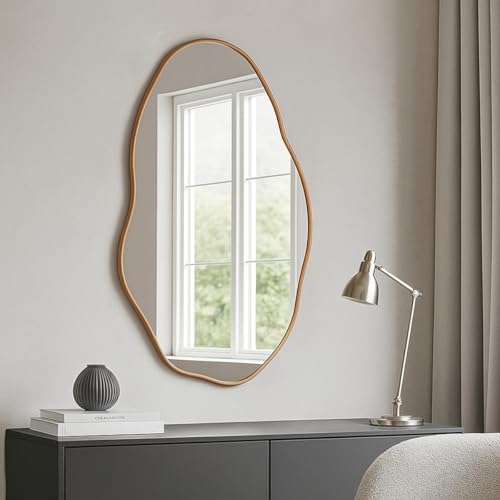 Espelho Orgânico Pedra 80x50cm Design Moderno com Moldura em Couro para Decoração Sofisticada (Caramelo)