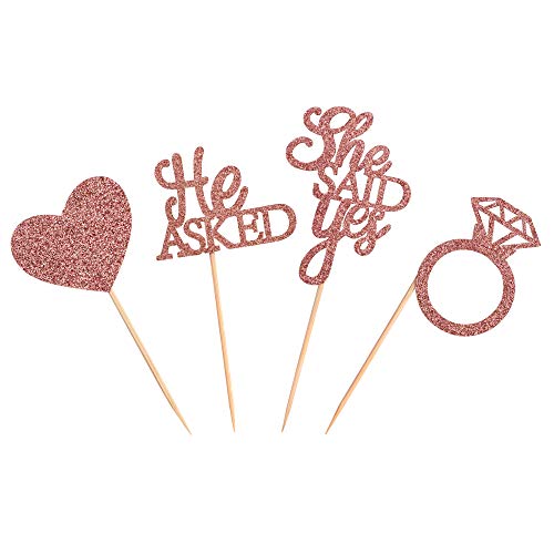 Ercadio 48 Pack He Asked She Said Yes Cupcake Toppers Rose Gold Glitter Heart Ring Cupcake Picks Wedding Engagement Bridal Shower Party Cake Decorations Supplies #TOP2