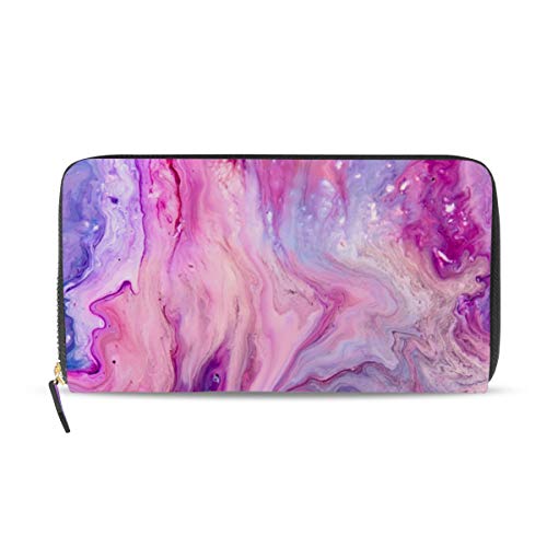 Portefeuille long en cuir violet à motif marbre élégant pour femme