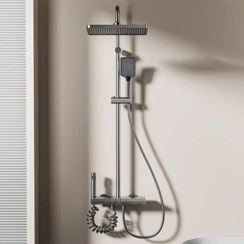 Image of Jaaz Thermostatic Piano Shower Set for Bathroom with Rainfall Showerhead, Waterfall Outlet, Hand Shower & Temperature Display - Matte Black (Lavish)