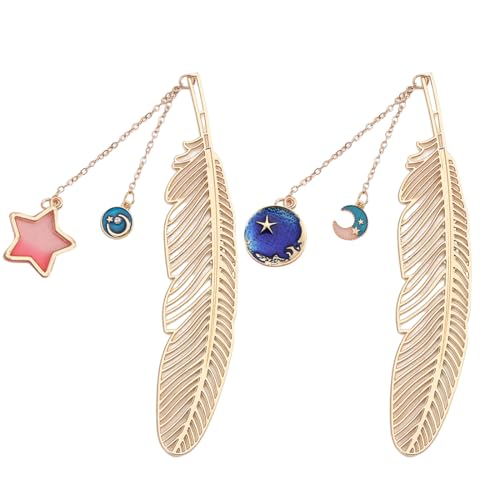 2 Pièces Marque Page Plume en Metal, Marque-page Plume, Signet Pendentif, Marque-Pages en Métal avec Chaîne, Pour Cadeau École Cadeau Anniversaire Maman Femme Calendrier de l'avent Femme