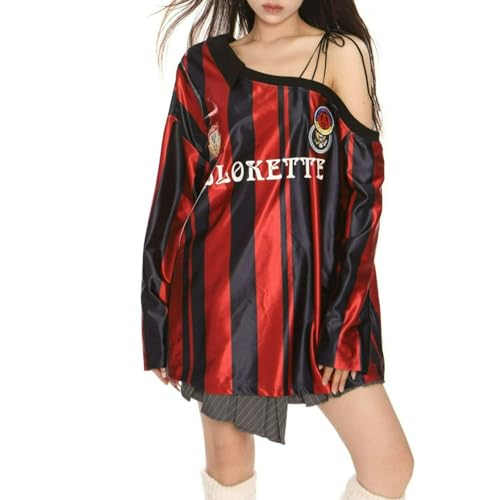 Off The Shoulder Graphic Sweatshirt Satin Striped Tie Up Color Block Pullover Vintage Y2K Fall Sweatshirt2