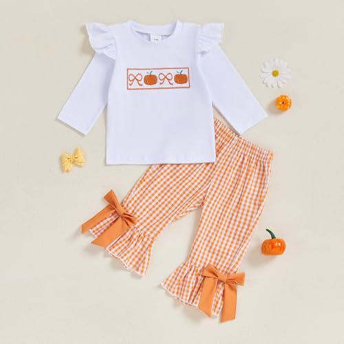 Toddler Baby Girl Halloween Outfit Bow Pumpkin T Shirt Plaid Bell Bottoms Set Girls Top Flare Pants Fall Clothes4