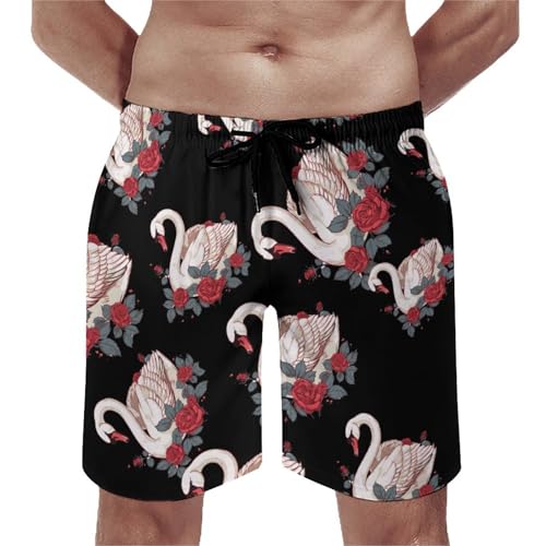 Pretty Animal Flower Swan Men's Swim Trunks Quick Dry Hawaii Board Shorts Mesh Lining Beach Swimwear with Pockets