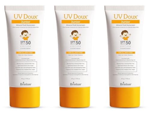 Image of Brinton UV Doux Junior Mineral Fluid Sunscreen SPF 50 for Babies & Kids | 100% Mineral Zinc Oxide | Chemical Filter Free | Fragrance Free | No White Cast | DermatologicallyTested | 50 g x 3