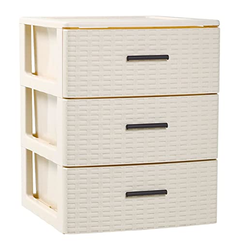 Tradineur   Cajonera de ordenación Rattan de plástico   3 cajones   Torre de almacenaje multiusos, organizador auxiliar, almacenamiento, baño   46,5 x 36,5 x 36,5 cm   Color Marfil