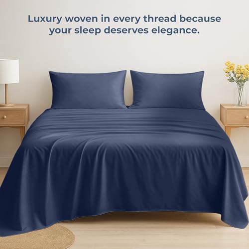 Image of Royale Linens 100% Organic Cotton Full Flat Sheet Only - Super Soft - Percale Top Sheets - Full Flat Sheet Sold Separately - Breathable, Cool & Crisp Navy Sheets Only (81 inch x 96 inch, Navy)