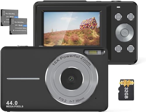 デジカメ 1080P 44MP デジタルカメラ コンパクトカメラYouTubeカメラ オートフォーカス 2.5インチ 16倍デジタルズーム 32GB 初心者向けクリスマスポケットカメラ子供用誕生日 軽量 携帯便利 (black)