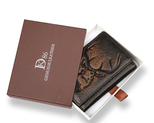 Image of DK86 Deer Trifold Wallets for Men Full Grain Leather with Hand Burnished Tri-Fold Wallet RFID Blocking (Black and Brown)