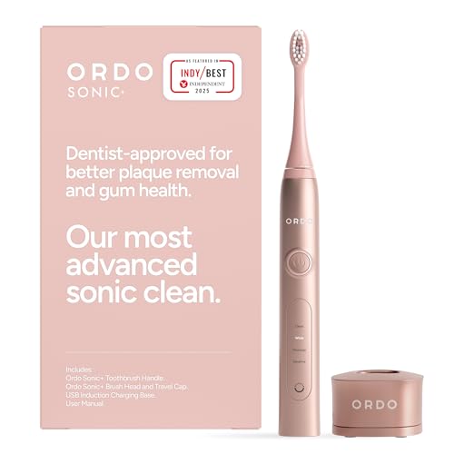Ordo Sonic Elektrische Zahnbürste Advanced Smart Tech mit 4 Putzmodi, Schnell Wiederaufladbarem Akku und Silikon-Polierelement, USB-Ladegerät für Erwachsene Roségold