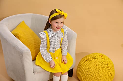 Toddler Girl Outfits 1-4 T Long Sleeve Shirt Overall Skirt Headband Set School Uniform Dress (Polka Dot Blouse + Yellow Suspender Skirt Headband 3Pc Set, 4T) #TOP3