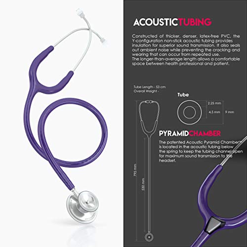 Image of MDF Instruments, Acoustica Lightweight Stethoscope for Doctors, Nurses, Students, Home Health Use, Adult, Dual Head, Purple Tube, Silver Chestpiece-Headset, MDF747XP08 | Dual Head, rotating chestpiece, Lifetime warranty, Free-Parts-for-Life, Latex-free, For doctors, nurses, students home health