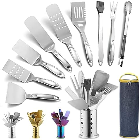 Berglander Grill Zubehör, Edelstahl BBQ Grillbesteck Set 10 teiliges mit einem Utensilienhalter, Edelstahlgriff, kein Schmelzen, kein Ablösen und hitzebeständig Cover