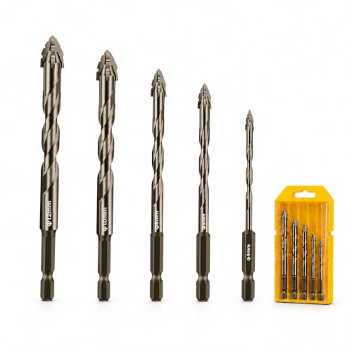 Woyuosn 5-Piece Masonry Drill Bit Set, Carbide Tip Concrete Drill Bits for Brick, Cement, Tile & Stone, Heavy Duty Twist Drill Bit Set with Fast Chip Removal Design, 5/32"-1/2" Sizes