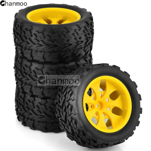 Chanmoo 1/10 RC Monster Truck Tires And Hard Plastic Wheels 12mm Hex Off Road Truck Tyres For 1:10 Scale Short Course Truck Car Traxxas X-Maxx E-Revo Summit Kyosho 144001 HSP 94188 94111 4PCS (Yellow)