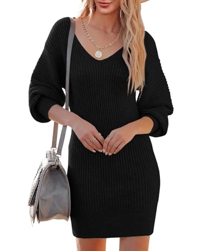 Saodimallsu Strickkleid Damen V-Ausschnitt Pulloverkleid Langarm Pullover Elegant Minikleid Sweater Freizeitkleider Tunika Pullikleid Strickpullover...