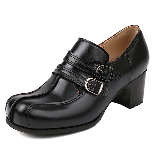 Loafers Chunky Talons Blocs pour Femmes Chaussures Bout Rond Noir Taille 46