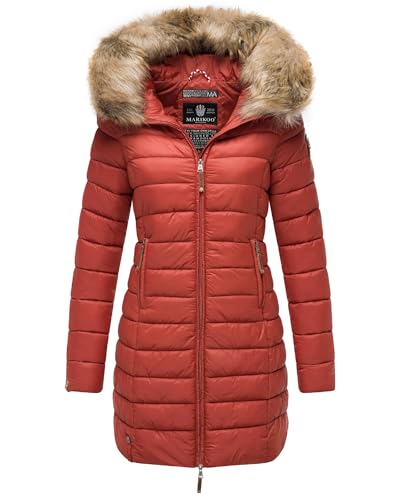 MARIKOO Damen Wintermantel warmer Steppmantel lang mit Kapuze und abnehmbarem Kunstfell-Kragen Rose Terracotta Gr. M