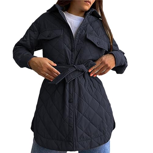 Onsoyours Wintermantel Damen Steppjacke Lang Mantel Winterjacke Lockere Warmer Steppmantel Lässige Revers Mantel Mit Gürtel Wintermantel Lockere Outwear A Schwarz M