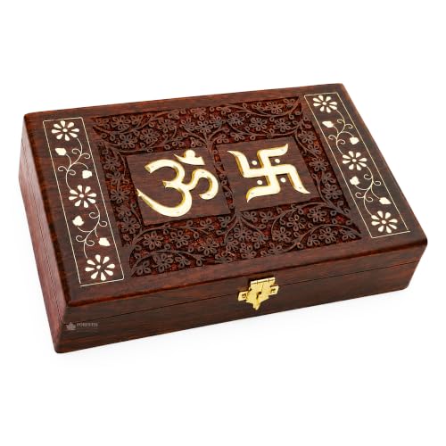 Image of Wooden OM Box for Good Luck| Jewellery Box| Decorative Case| Kit| Vanity| Organiser For Women, Necklaces, cash, gold (11X7 Inches,Dome)