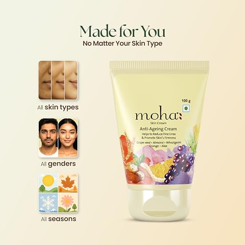 Image of Moha Anti Ageing Cream for Fine Line & Wrinkles | Restores Skin Firmness & Reduces Pigmentation | Enriched with Grapeseed Oil, Aloe Vera & Wheat Germ for Collagen Boost & Radiant Glow | Dermatologically Tested for All Type of Skin - 100g (Pack of 2)