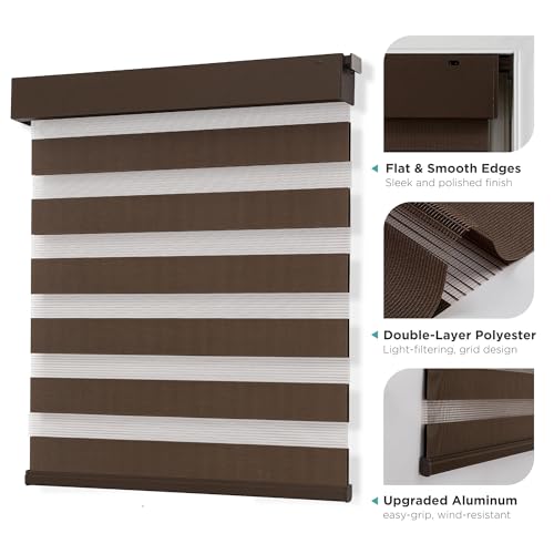 Joydeco No Drill Zebra Blinds for Windows, Cordless Dual-Layer Privacy Zebra Shades for Indoor Windows, Easy to Install, Light Filtering Sheer Blinds for Home (Coffee,Custom Size)